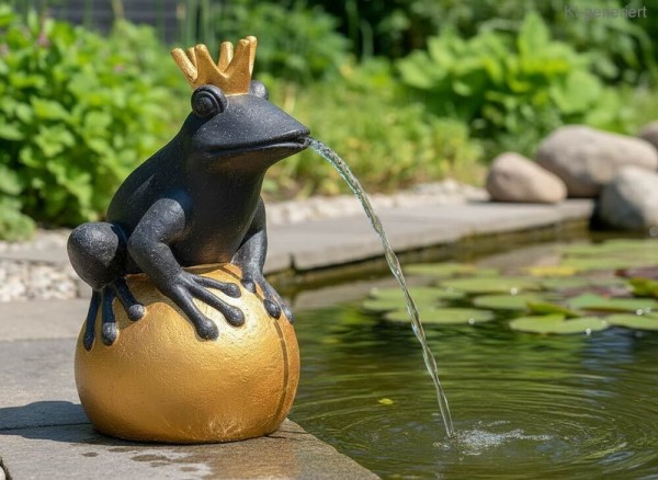 Wasserspeier Froschkönig Stein Groß XL Teichfigur Frosch Goldene Kugel 50 cm