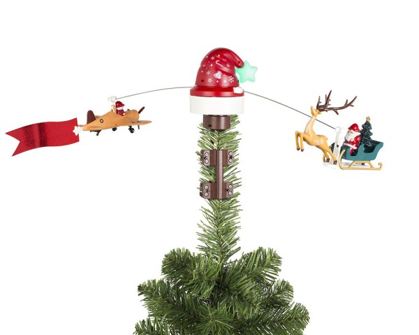 Christbaumspitze mit fliegendem Weihnachtsschlitten Flugzeug Bewegung Musik LED