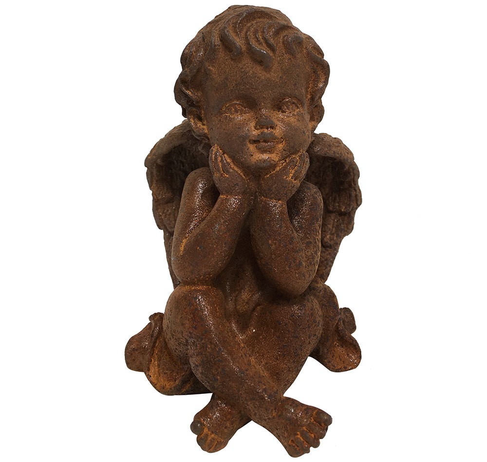 Engelfigur Putte Gusseisen Rost Engel Statue sitzend Antik-Stil 11cm