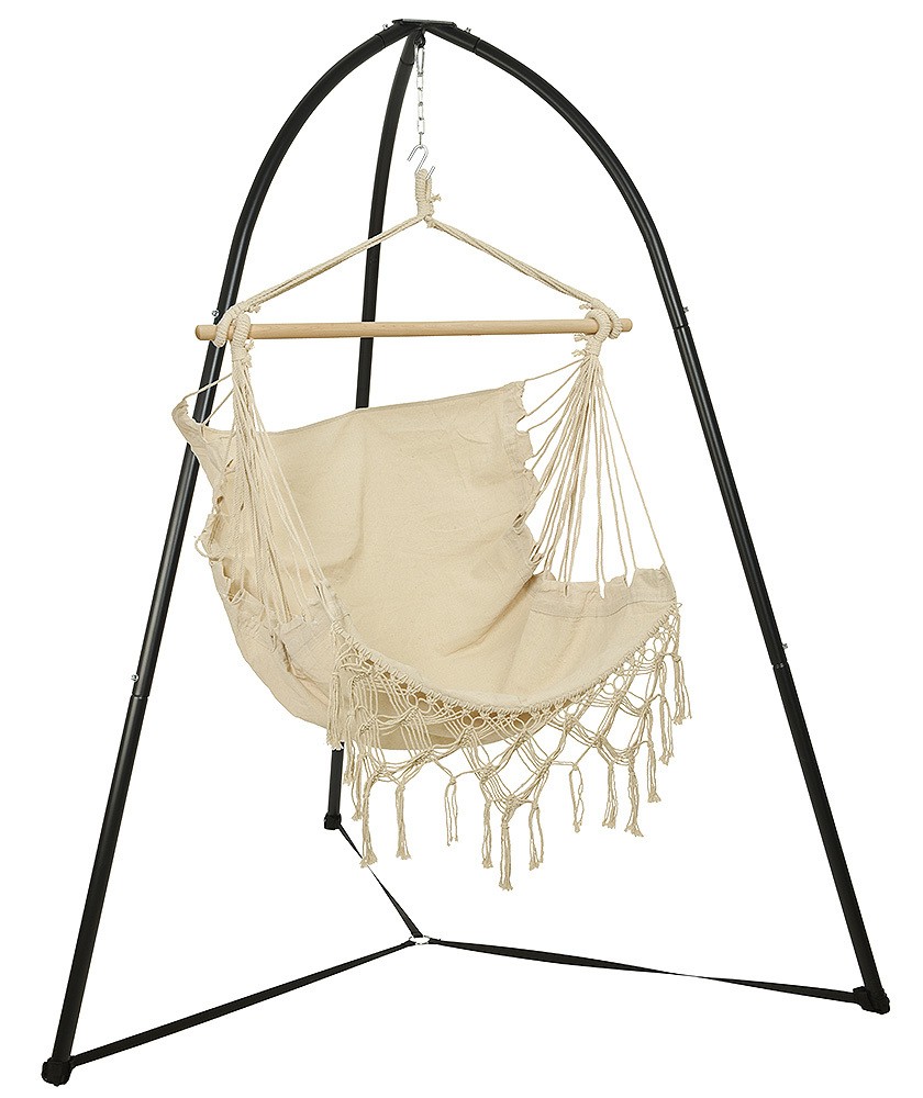 Hängesessel mit Gestell Outdoor Hängestuhl Beige 130x100cm mit Ständer Schwarz Hängesessel mit Gestell Outdoor Hängestuhl Beige 130x100cm mit Ständer Schwarz
