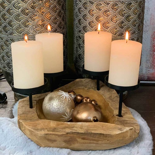 Adventskranz Holz rund Teakholz 4 Kerzenhalter Natur Tischleuchter Schale