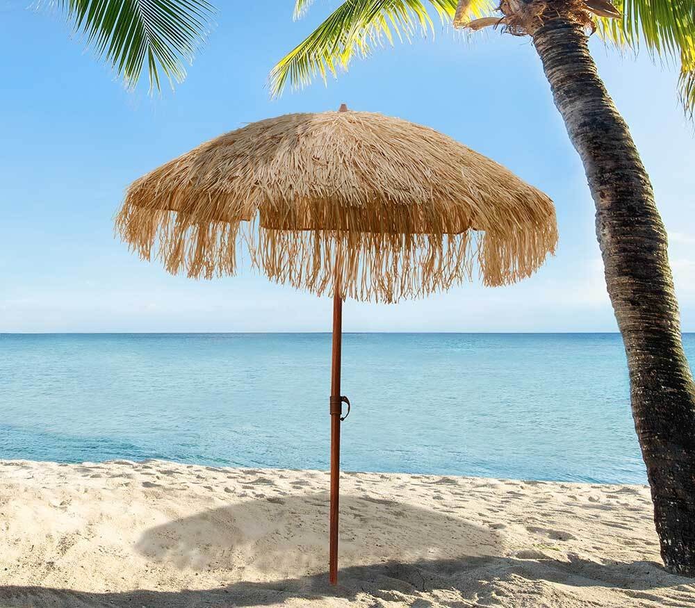 Sonnenschirm Strand Hawaii Fransen UV Schutz Erdspieß Knickbar Farbe Natur Beige