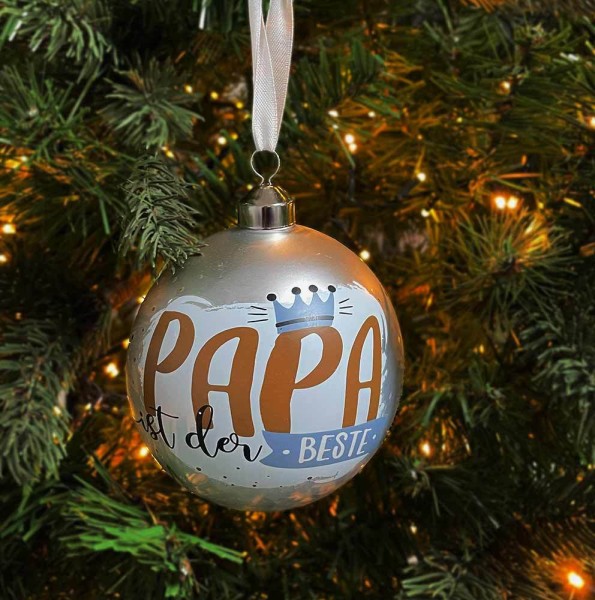 Christbaumkugel - Papa ist der Beste - Weihnachtskugel Echt Glas Silber