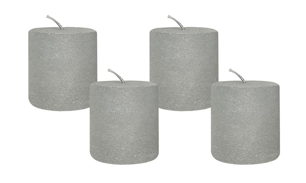 4 Rustic Stumpenkerzen Premium Kerze Silber lackiert 5x5cm – 15 Std Brenndauer