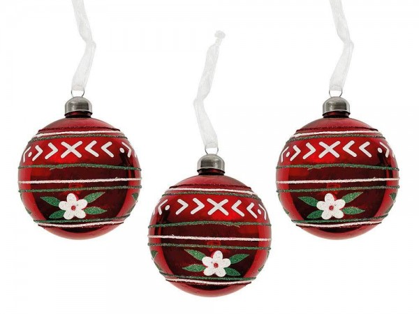 Christbaumkugeln Rot Blümchen Weiß Grün 3 Stück Weihnachtskugeln Echt Glas