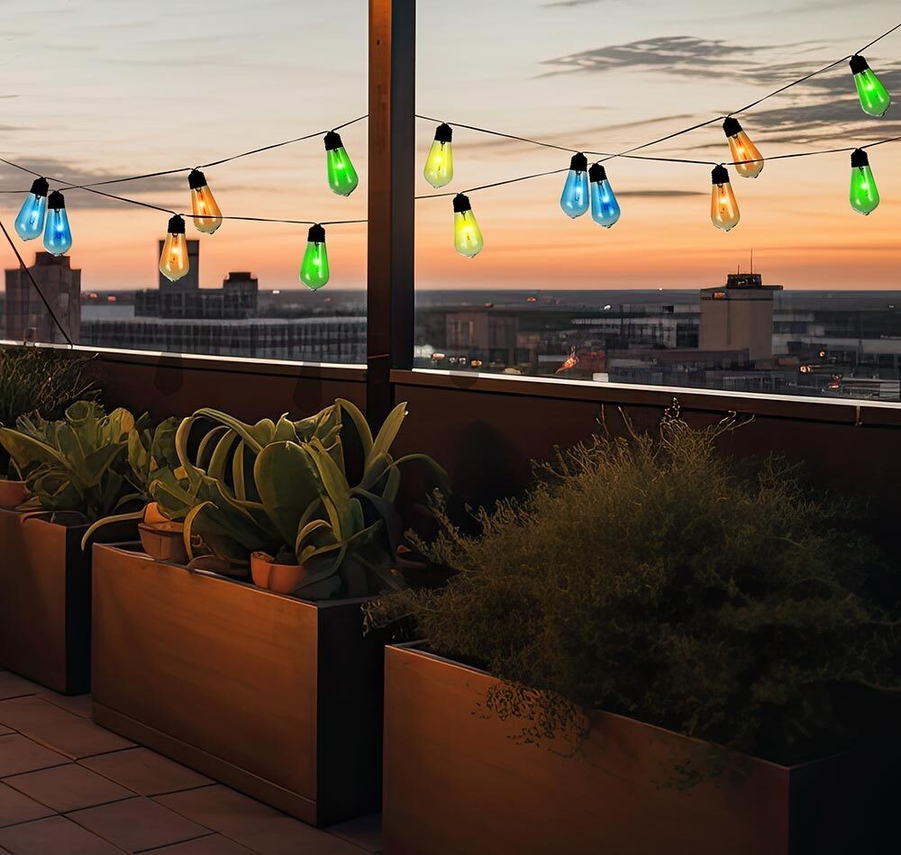 Solar Lichterkette Glühbirne 10 LED Vintage Bunt + Blinkeffekt Garten Partyleuchten