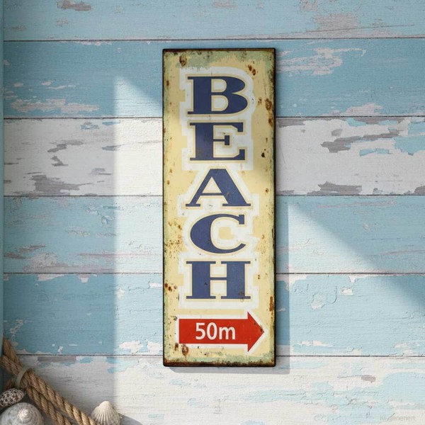 Blechschild BEACH 50m Retro Vintage-Deko Wegweiser Nostalgie Dekoschild 36x13cm
