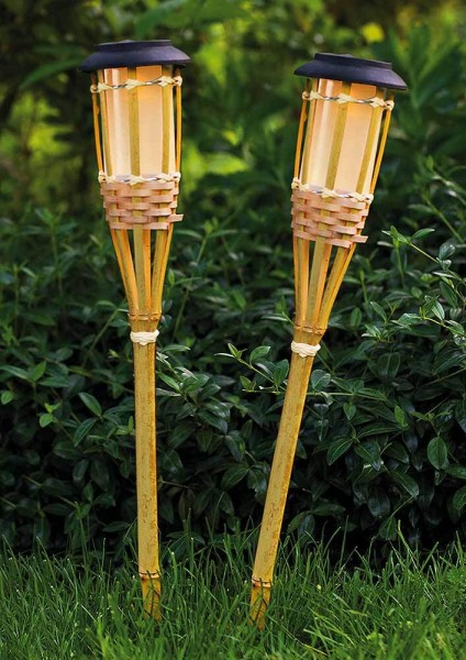 Solar Fackel Bambus 2 Stück mit Flammeneffekt LED Lichtsensor Gartenfackel 55cm