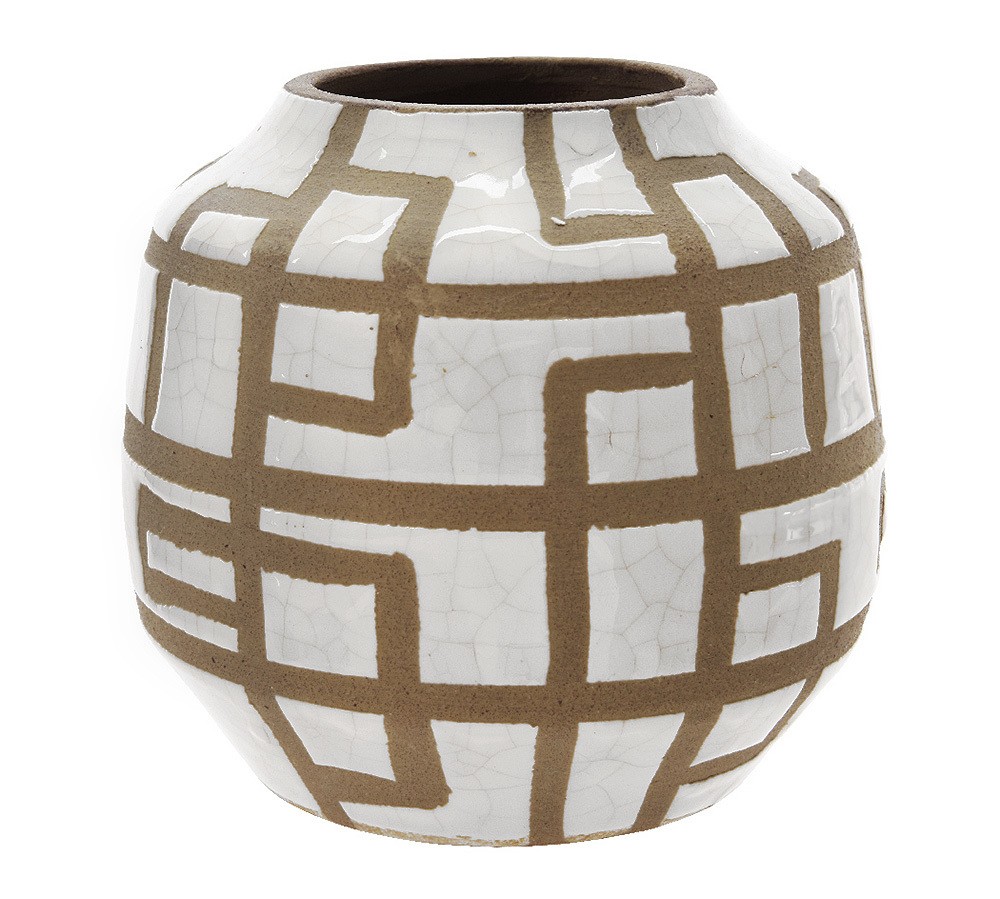 Vase Keramik Mediterran Blumenvase Handgefertigt Vintage Muster Weiß Braun 11cm