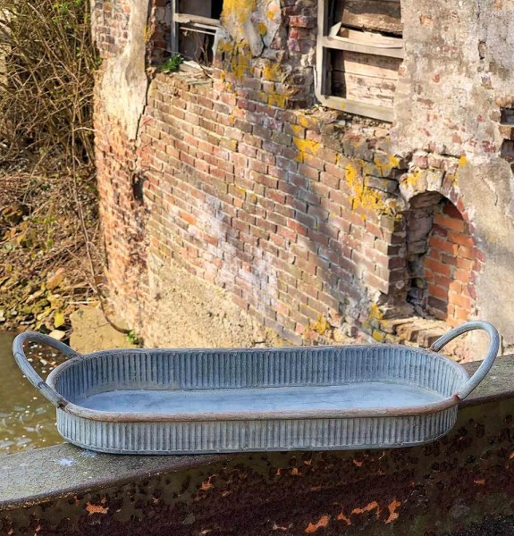 Tablett Zink Oval mit Griffen Dekotablett Vintage Antik-Stil 36x14cm