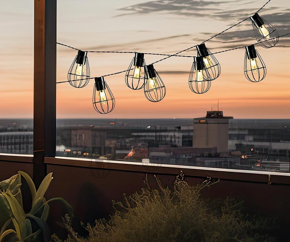 Solar Lichterkette Glühbirnen Vintage Draht Schwarz 8 LED Beleuchtung warmweiß