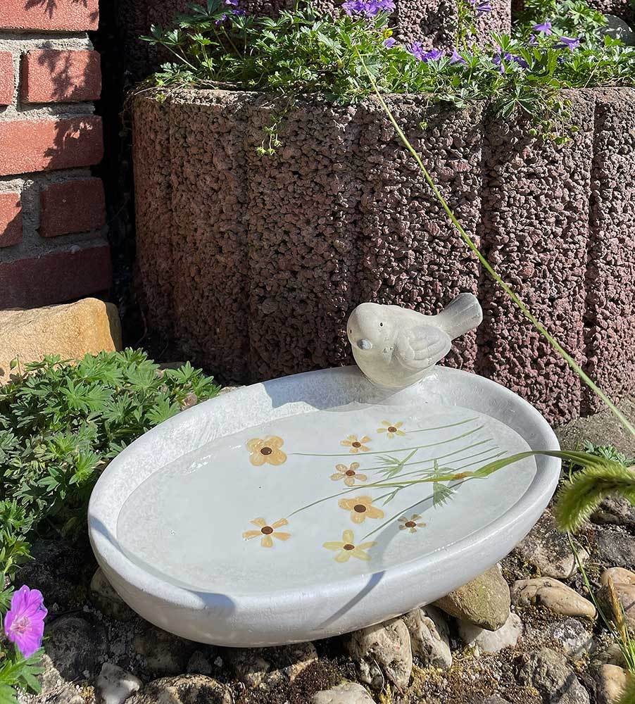 Vogeltränke mit Vögelchen Keramik Weiß Blumen Gelb Vogelbad Oval Vintage 23cm