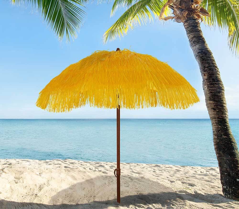 Sonnenschirm Strand Hawaii Fransen UV Schutz Erdspieß Knickbar Orange Gelb Sonnenschirm Strand Hawaii Fransen UV Schutz Erdspieß Knickbar Orange Gelb