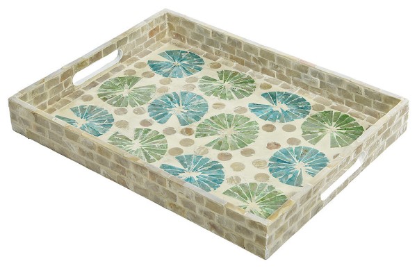 Tablett Serviertablett Keramik Steinoptik Blumen Mediterran Vintage-Stil 38x29cm