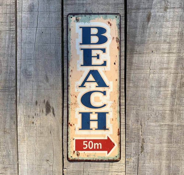 Blechschild BEACH 50m Retro Vintage-Deko Wegweiser Nostalgie Dekoschild 36x13cm