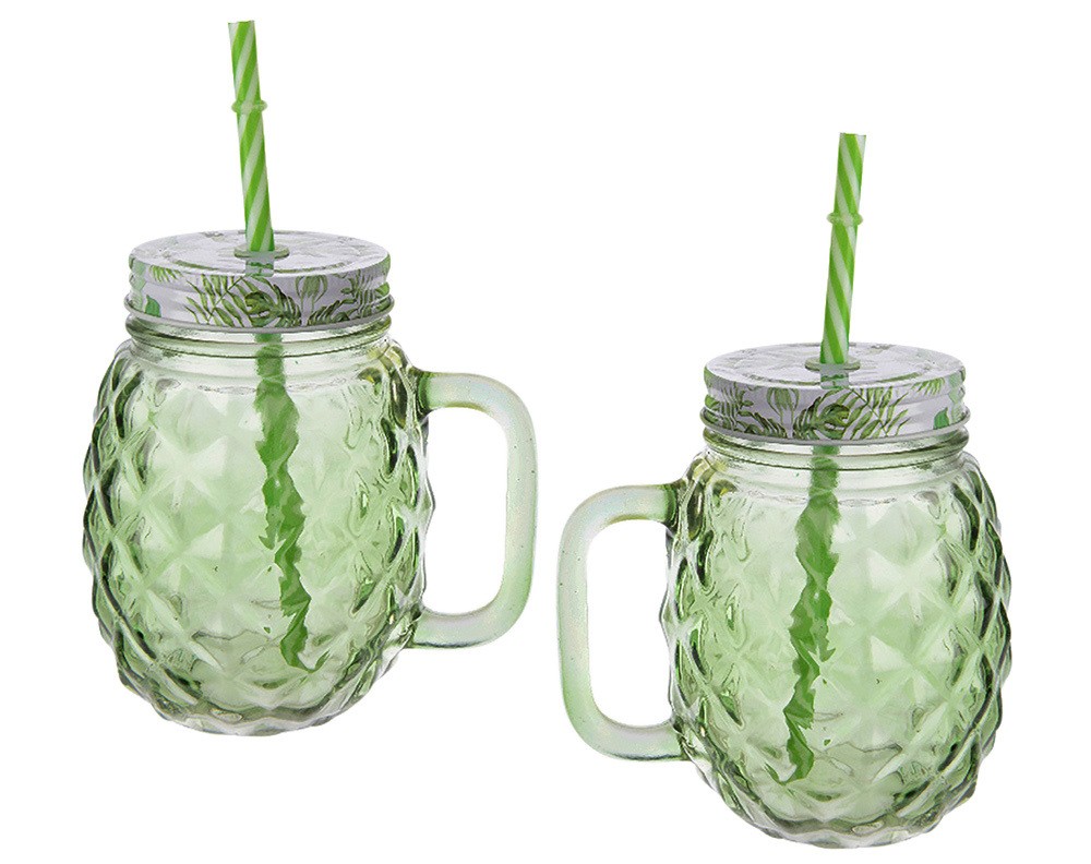 Trinkglas mit Strohhalm und Deckel 2 Stück Glas Grün Palmen Einmachglas Vintage Trinkglas mit Strohhalm und Deckel 2 Stück Glas Grün Palmen Einmachglas Vintage
