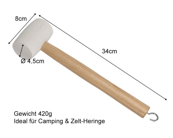 Gummihammer Camping Weiß für Heringe Holzgriff Zelt mit Heringsauszieher Haken