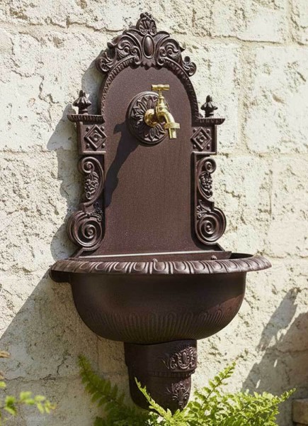 Wandbrunnen Antik-Stil Waschbecken mit Wasserhahn Nostalgie Metall Braun