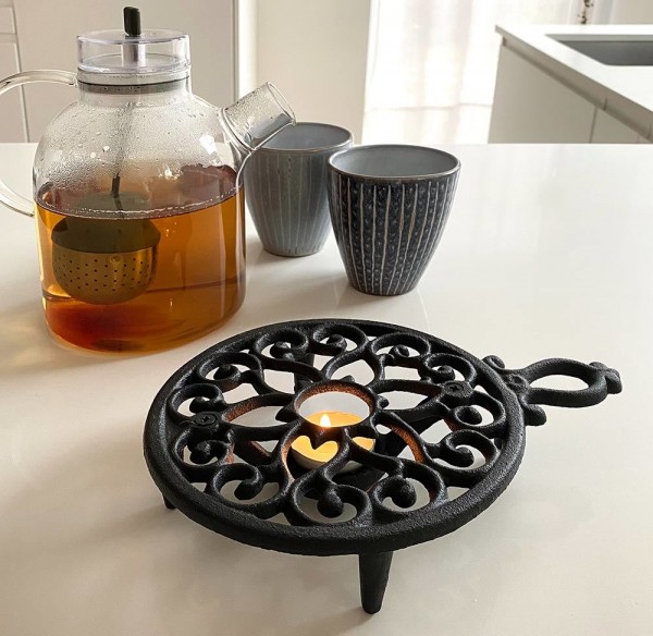 Stövchen Rund mit Griff Vintage Warmhalteplatte Rechaud Gusseisen Schwarz