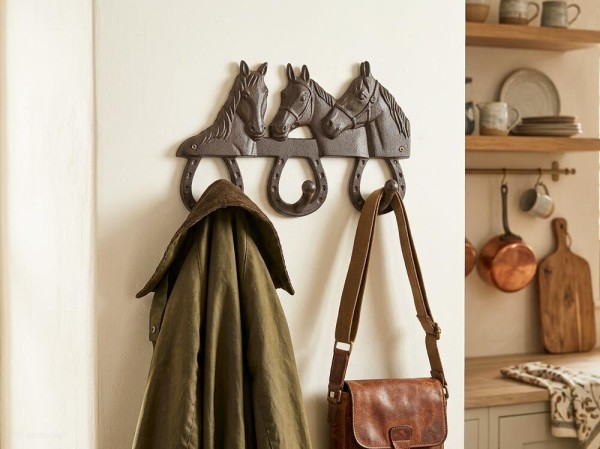 Wandgarderobe Pferde aus Gusseisen Garderobe 3 Haken Antik-Landhausstil Braun