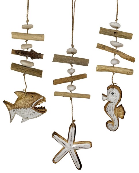 3 x Hängedeko Holz Fisch Seestern Seepferdchen Strandgut Maritime Deko