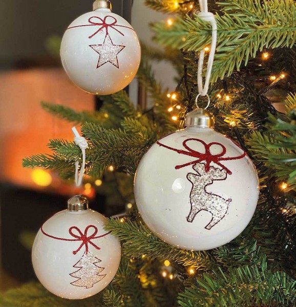 Christbaumkugeln Weiß Tanne Rentier Stern 3 Stück Weihnachtskugeln Echt Glas