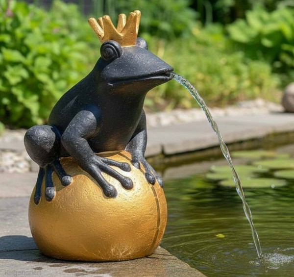Wasserspeier Froschkönig Stein Groß XL Teichfigur Frosch Goldene Kugel 50 cm