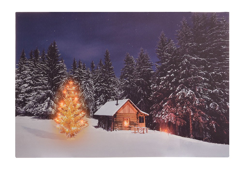LED Bild Weihnachten Winter Berghütte Weihnachtsbaum Beleuchtet 40x60cm