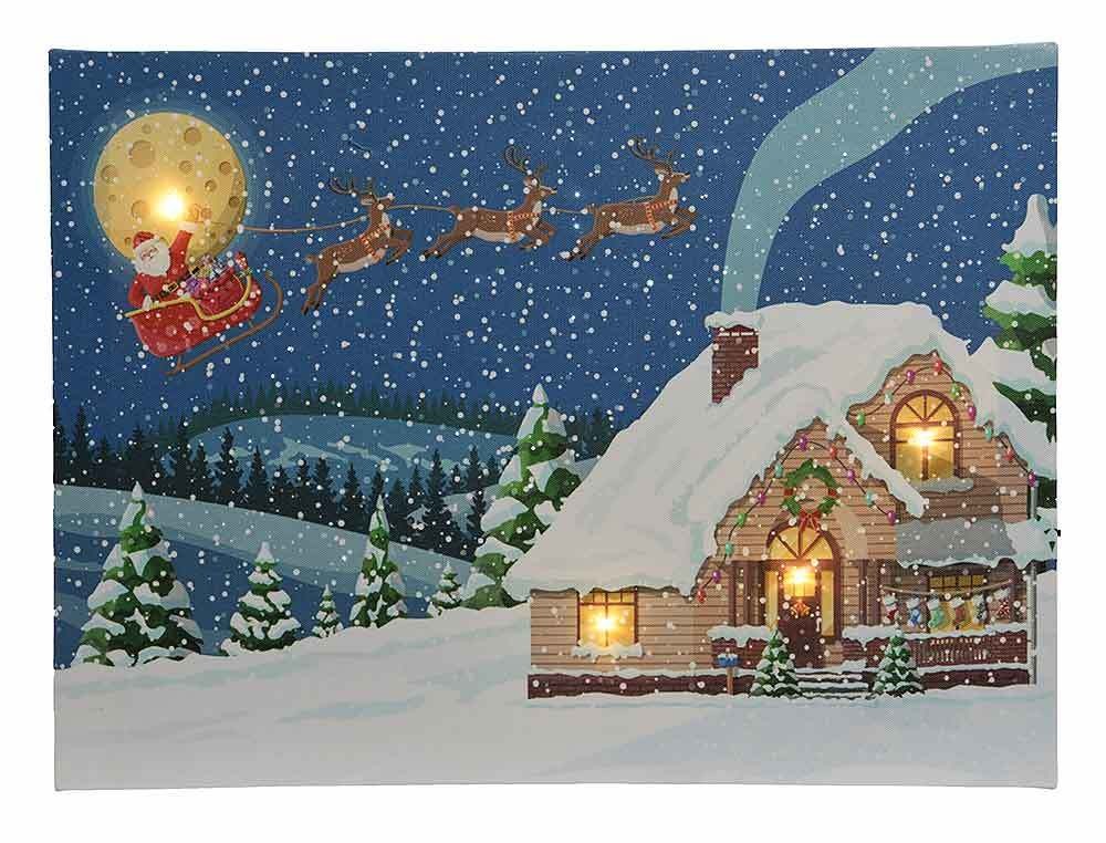 LED Bild Winterlandschaft Weihnachtsmann Schlitten Leinwand Wandbild 28x38cm