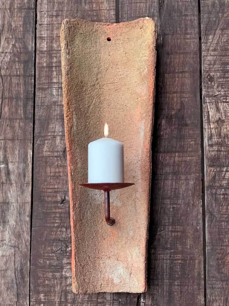 Echt Antiker Dachziegel mit Kerzenhalter Klein Mediterran Wandkerzenhalter