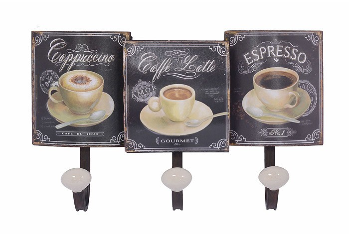 Nostalgische Wandgarderobe "Cappuccino Café Latte Espresso" 3 Haken