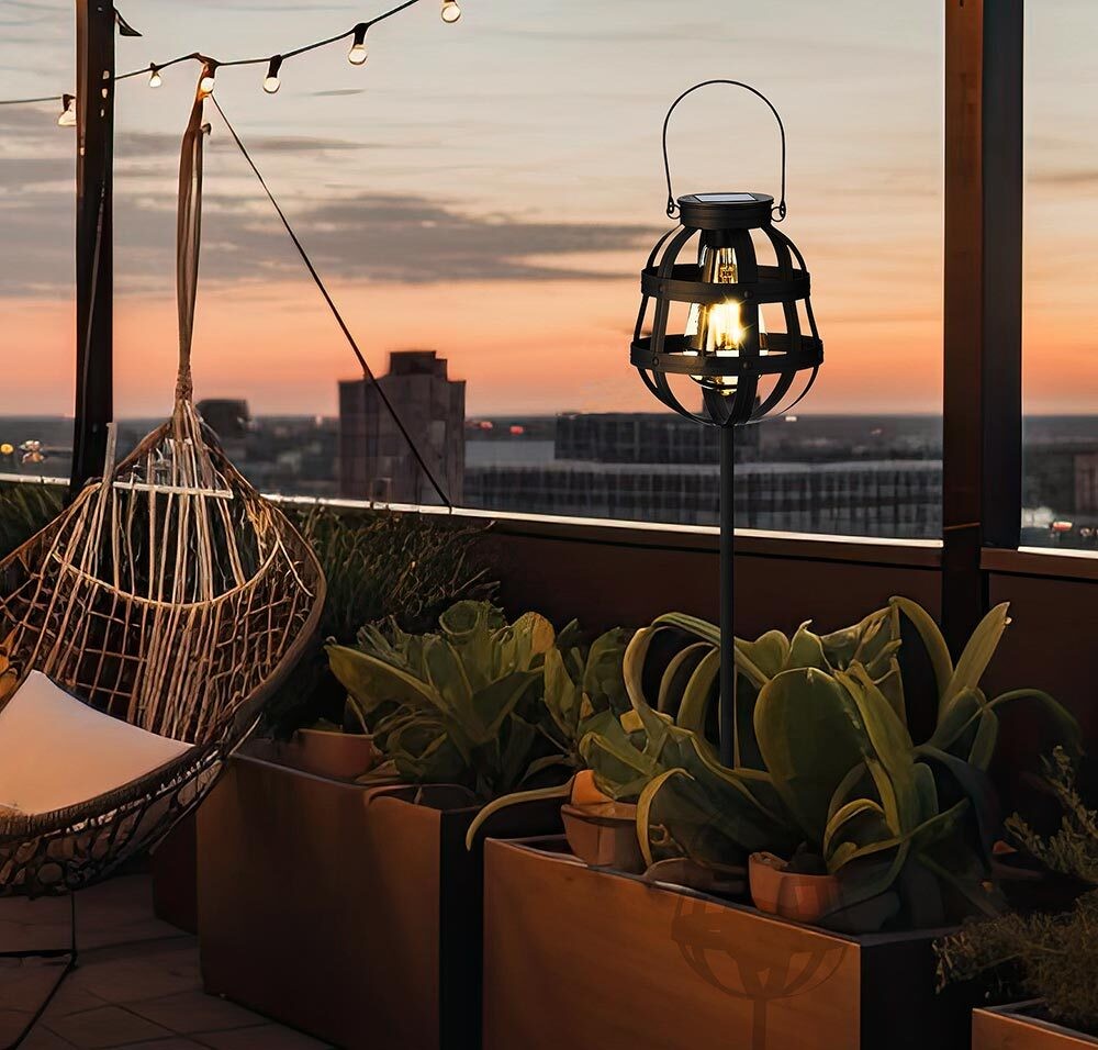 Solarleuchte Garten Balkon Vintage-Stil Schwarz mit Spieß und zum Aufhängen