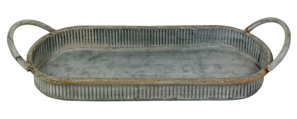 Tablett Zink Oval mit Griffen Dekotablett Vintage Antik-Stil 36x14cm