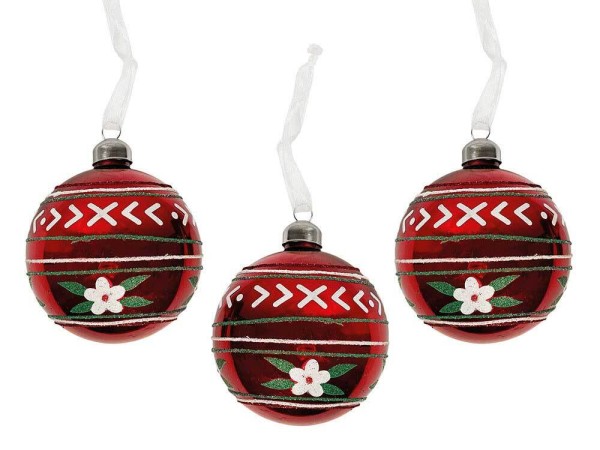 Weihnachtskugeln Rot mit Blume Glas 3 Stück Christbaumkugeln Landhausstil 8 cm