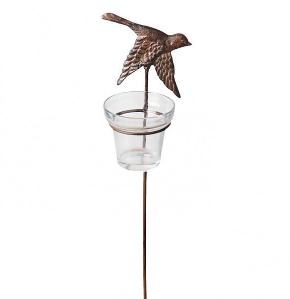 Teelichthalter Gartenstab Vogel Gusseisen Antik-Braun 42cm C