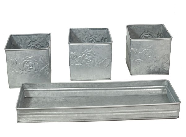 Zink Blumentopf Set Vintage-Stil 3 Stück mit Tablett Pflanzgefäß Kräutertopf
