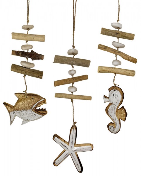 3 x Hängedeko Holz Fisch Seestern Seepferdchen Strandgut Maritime Deko