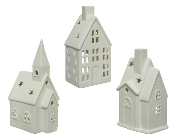 Lichthäuser 3er Set Keramik Weiß Teelichthalter Windlicht Haus Weihnachten
