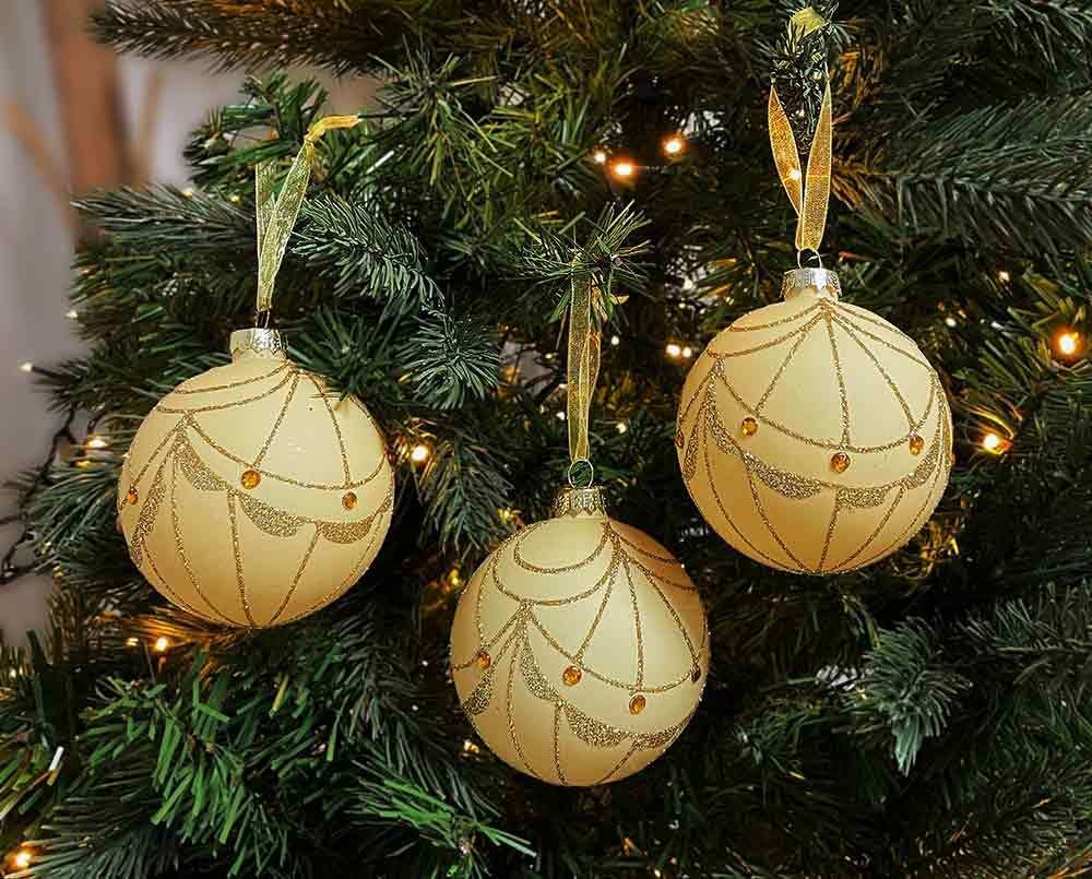 Christbaumkugeln Creme Ornamente Gold 3 Stück Weihnachtskugeln Echt Glas