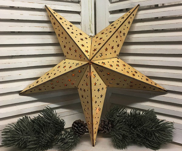 LED Holzstern Weihnachtsstern Sternchen 3D Warmweiß Batterie Timer 40cm