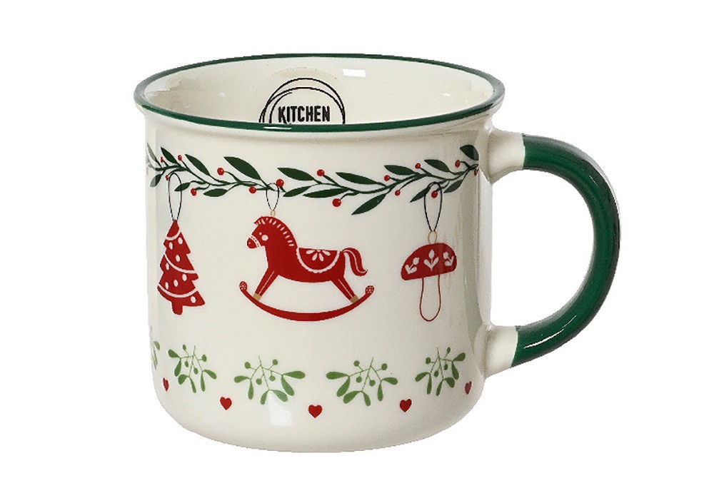 Weihnachtstasse Weihnachtsbecher Schaukelpferd Cremeweiß Grün Glühweintasse günstig online kaufen