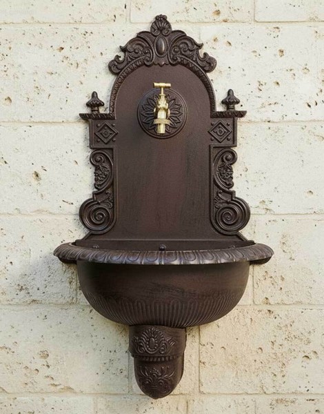 Wandbrunnen Antik-Stil Waschbecken mit Wasserhahn Nostalgie Metall Braun