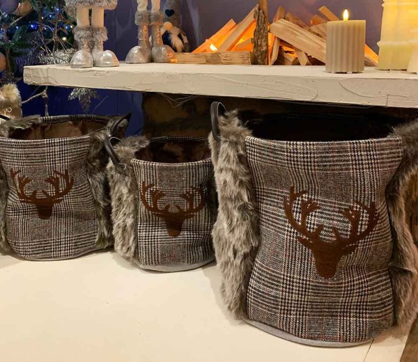 Aufbewahrungskorb Rentier Grau Kariert Deko-Korb mit Griffen Weihnachten