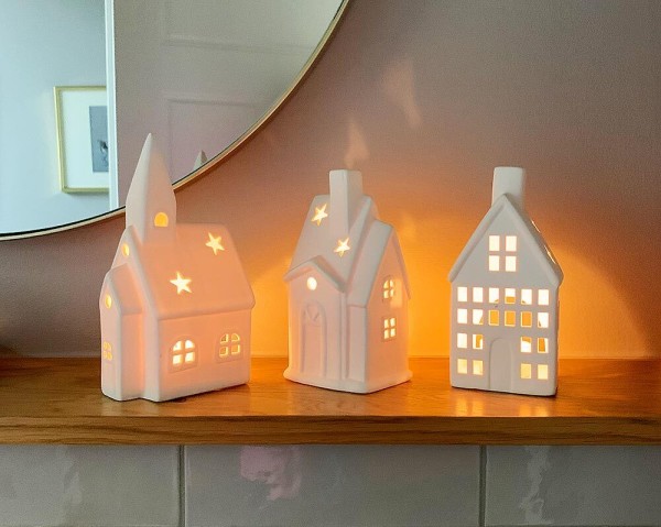 Lichthäuser 3er Set Keramik Weiß Teelichthalter Windlicht Haus Weihnachten