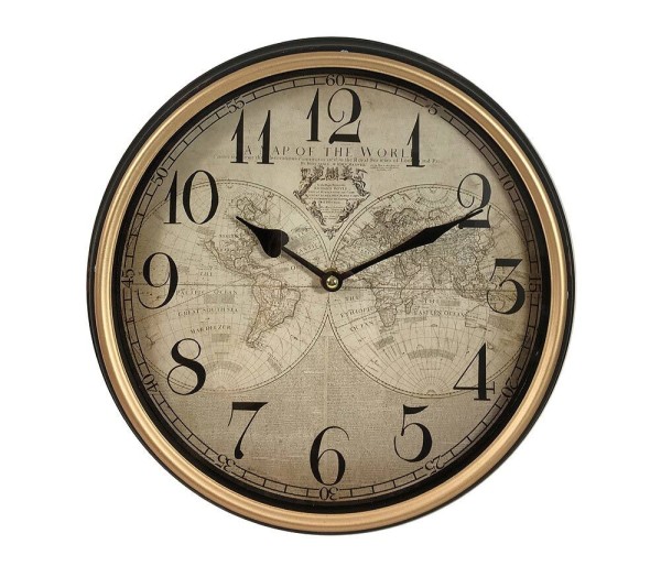 Wanduhr Weltkarte Vintage-Stil Schwarz Atlas Metallrahmen Rund 31cm