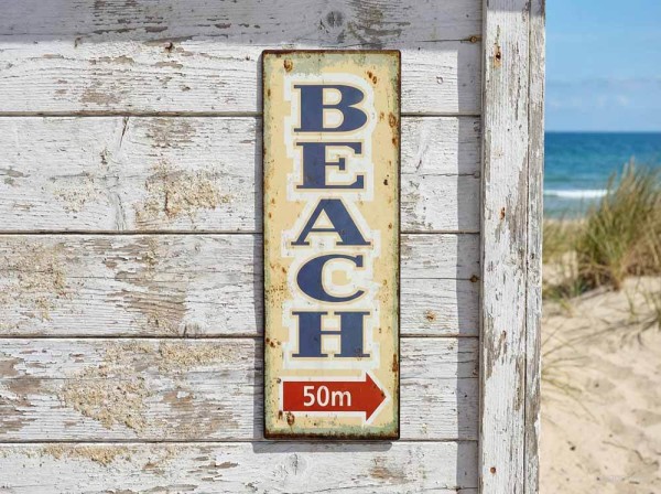 Blechschild BEACH 50m Retro Vintage-Deko Wegweiser Nostalgie Dekoschild 36x13cm