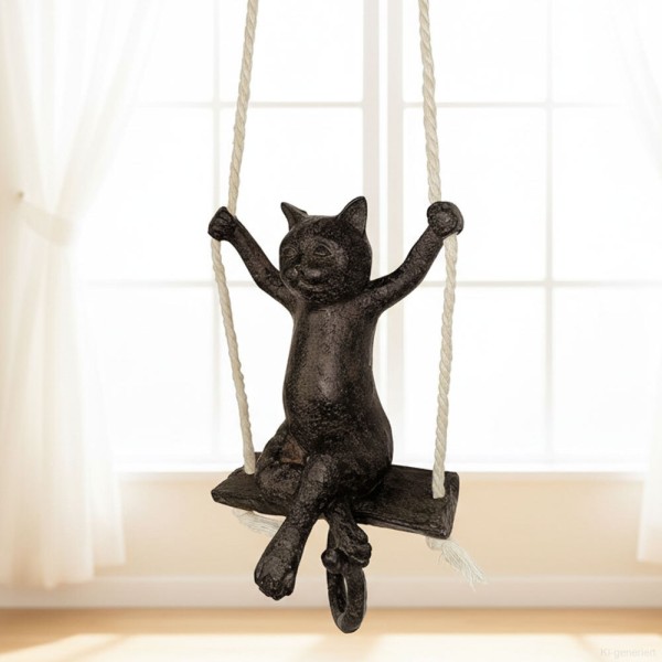 Hängende Figur Katze auf Schaukel Katzenfigur Dekofigur zum Aufhängen Schwarz