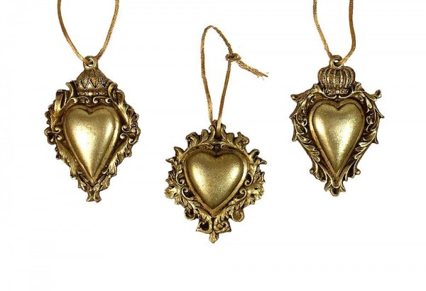 Christbaumschmuck Herz mit Krone gold 3 Stück Barock Antik-Stil Weihnachten