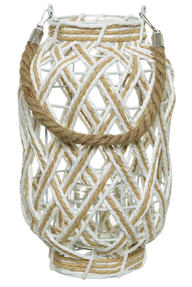 Laterne Boho Style Windlicht mit Henkel Kerzenhalter Weiß Beige geflochten 30 cm