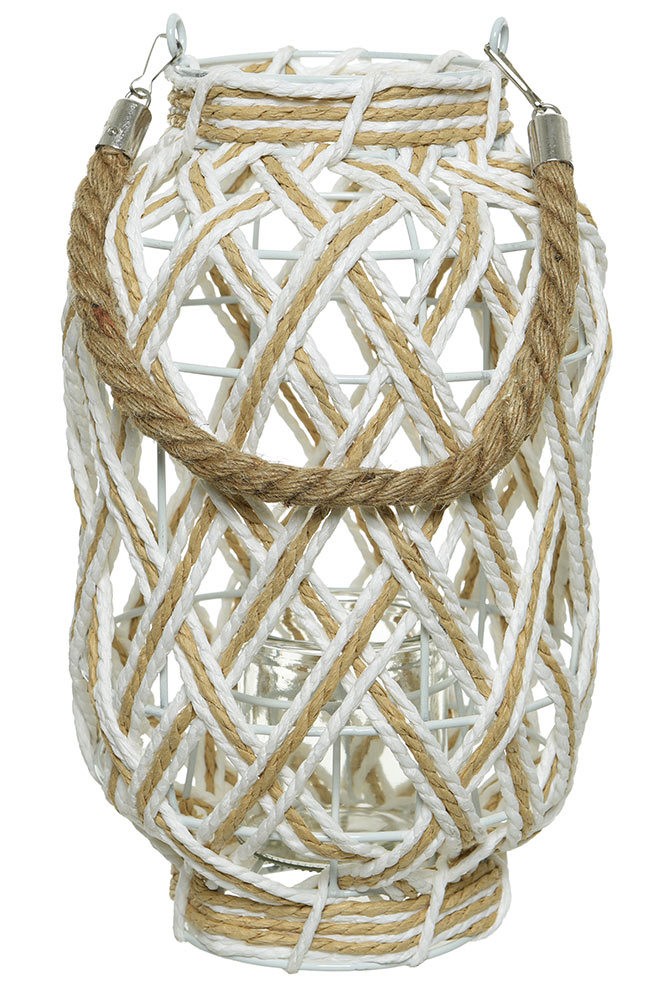 Laterne Boho Style Windlicht mit Henkel Kerzenhalter Weiß Beige geflochten 30 cm Laterne Boho Style Windlicht mit Henkel Kerzenhalter Weiß Beige geflochten 30 cm